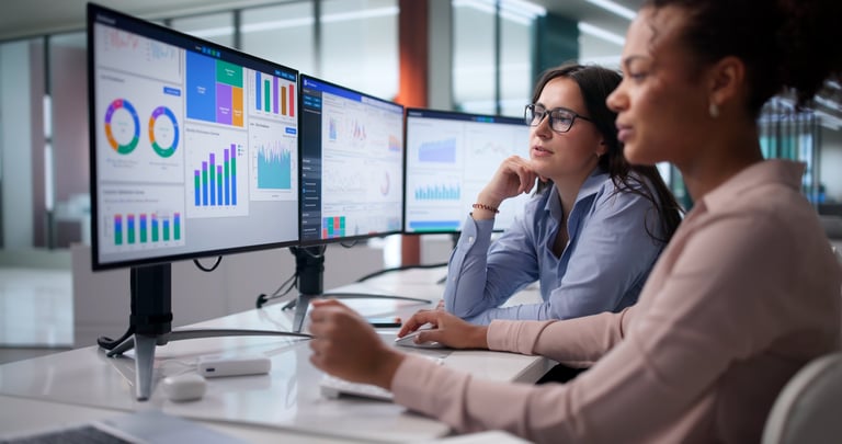 Profesionales analizando información y datos en una oficina corporativa moderna