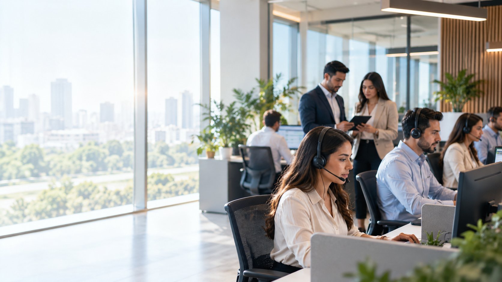 Diverse group of professionals working at desks in a modern high-rise office with city skyline views