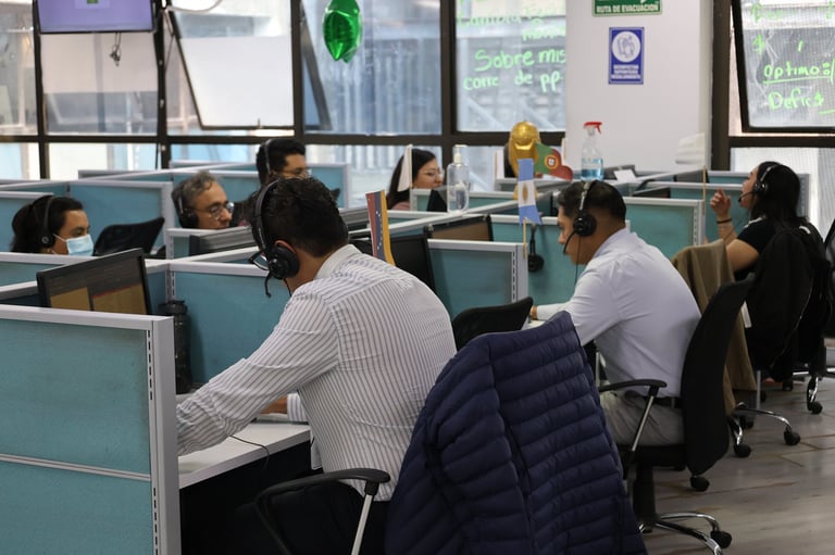 Multiple people working at individual cubicles in a modern office space with turquoise dividers and large windows