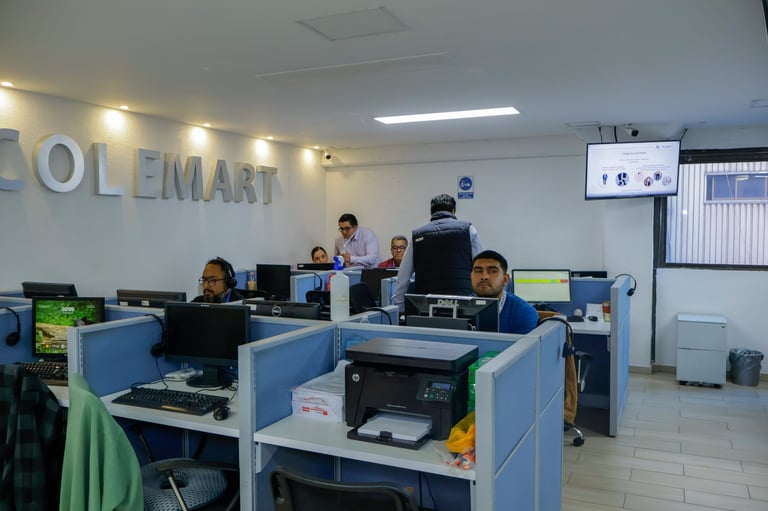 Office workspace with blue cubicles, multiple employees working at computers, and Cole Mart signage on the wall